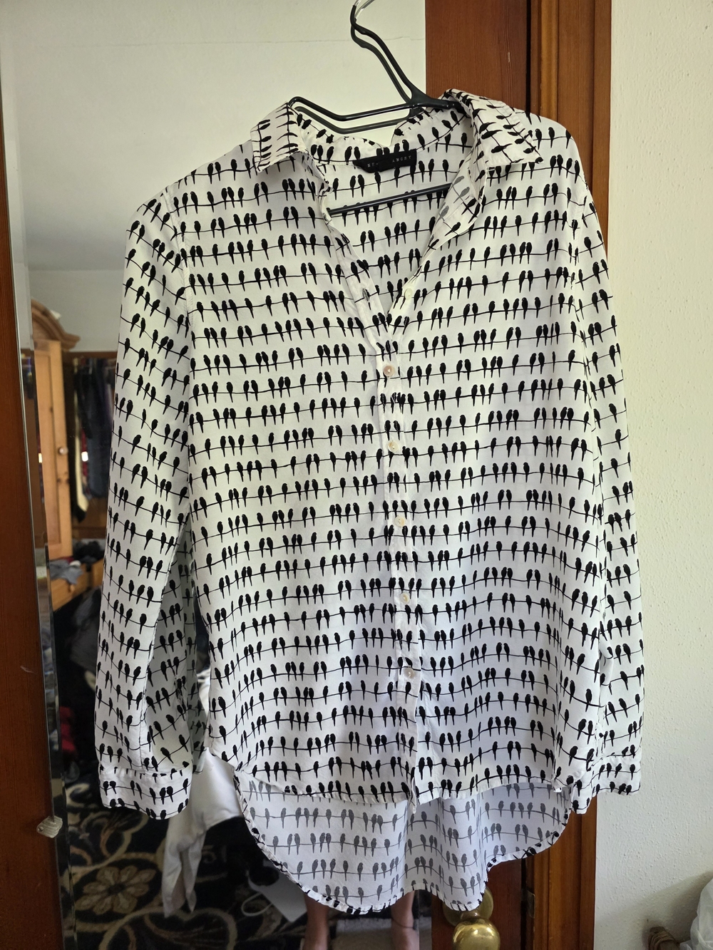 Jane and Delancey White Blouse with Black Bird Print